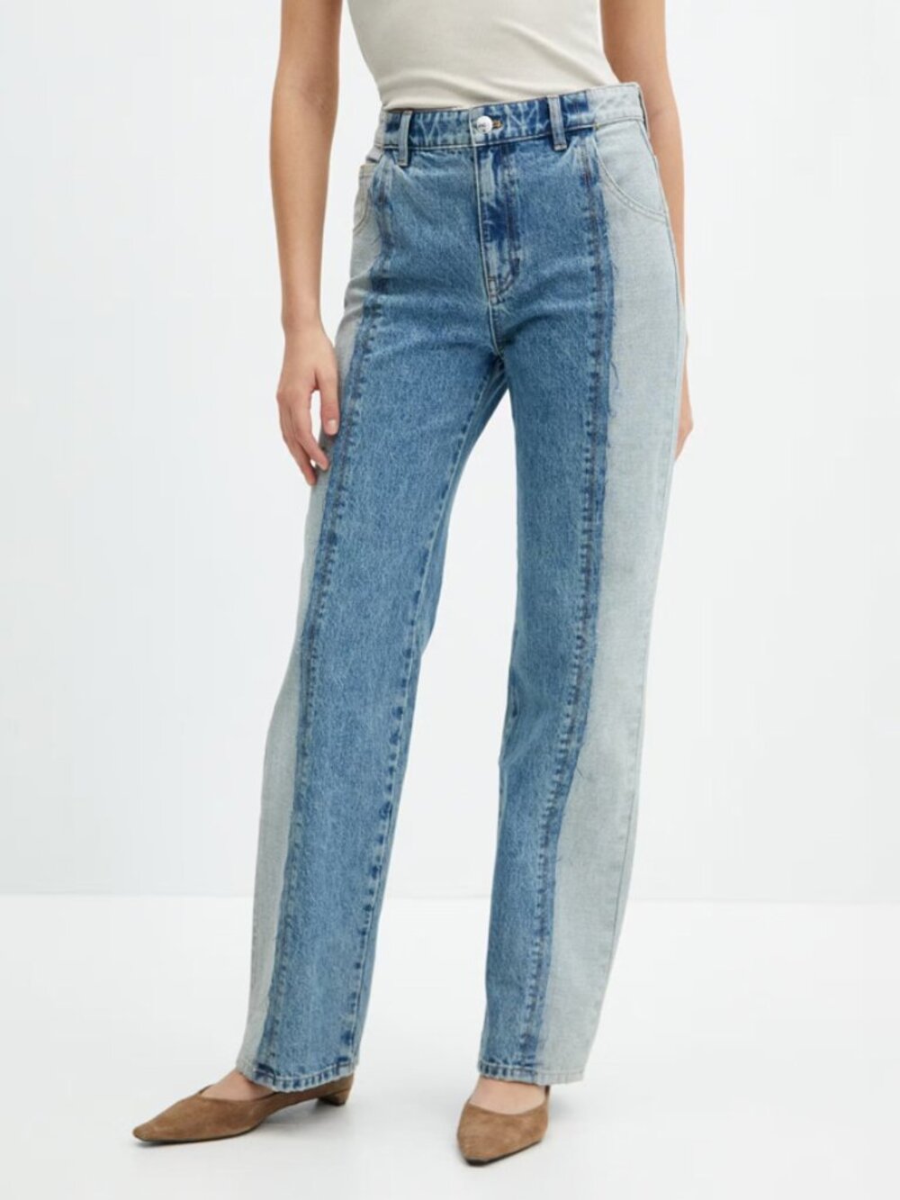 Mango Two Tone Colorblock Straight Leg High Rise Jeans Size US 4